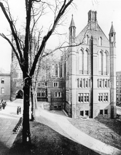 The library and law school buildings, both constructed in a Gothic and Revival style, on the Madison Avenue campus