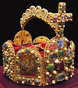 The crown of the Holy Roman Empire (latter half of the 10th century), now held in the Schatzkammer (Vienna)
