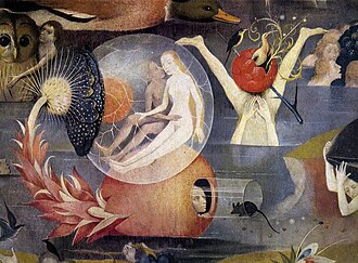 Detail showing nudes within a transparent sphere, which is the fruit of a plant