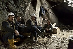 One of Kosovo's main economical sources is mining, because it has large reserves of lead, zinc, silver, nickel, cobalt, copper, iron and bauxite.[275] Miners at the Trepča Mines in Mitrovica, Kosovo in 2011.