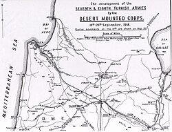 Falls Map 21 Cavalry advances 19 to 25 September. Detail shows capture of Haifa and Acre
