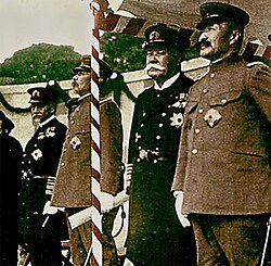 From left to right: Marshal Admiral Heihachirō Tōgō (1848–1934), Field Marshal Oku Yasukata (1847–1930), Marshal Admiral Yoshika Inoue (1845–1929) and Field Marshal Kageaki Kawamura (1850–1926), at the unveiling ceremony of the bronze statue of Field Marshal Iwao Ōyama