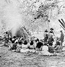 1872 photograph of Southern Miwok council in Yosemite Valley