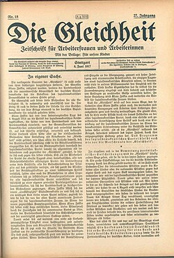 An example of a cover page of Die Gleichheit edited by Clara Zetkin from 1892 to 1917.