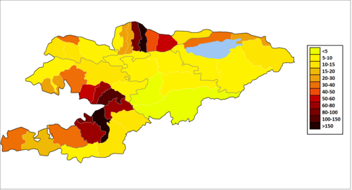Population density (people per km2) of Kyrgyzstan, 2015[135]