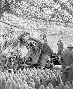 Royal Garrison Artillery 9.2" Howitzer of 91st Battery, Royal Garrison Artillery in position under camouflage netting in readiness for the opening barrage of Arras, 1 April 1917