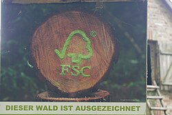 The Forest Stewardship Council (FSC) seal for wood products is meant to indicate sustainable production of wood (in a forest in Germany).