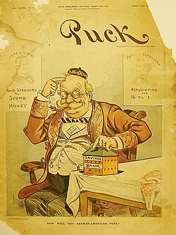 The German vote in 1900 was in doubt; they opposed the "repudiation" policy of Bryan (right poster), but also disliked the overseas expansion McKinley had delivered (left poster).
