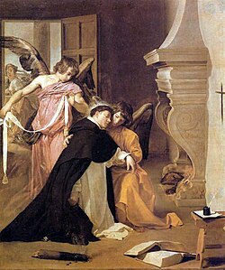 Thomas is girded by angels with a mystical belt of purity after his proof of chastity. Painting by Diego Velázquez.