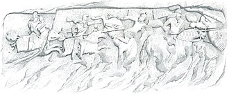 1840 illustration of a Sasanian relief at Firuzabad, showing Ardashir I's victory over Artabanus IV and his forces.