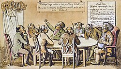 A contemporary lithograph mocking the new restrictions on the press and free expression imposed by the Carlsbad Decrees