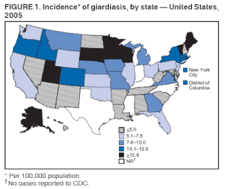 Rates of giardiasis in 2005 in the United States