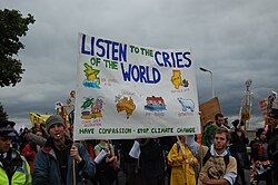 Protest banner during the Climate Change Camp 2007 at Heathrow Airport in London.