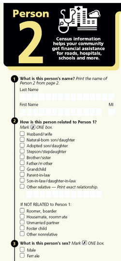 Census 2000 Long Form Questionnaire showing the Person 2 section including questions 2 and 3 which allow data to be compiled regarding same-sex partners