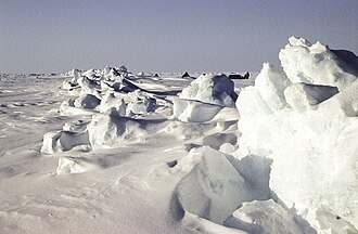 This pressure ridge at the North Pole is about 1 km (1⁄2 mi) long, formed between two ice floes of multi-year ice.