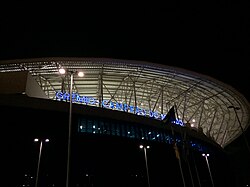 Sign at Arena do Grêmio saying "Grêmio - Campeão do Mundo" (Grêmio - World Champion), celebrating Grêmio's 1983 Intercontinental Cup as a world championship