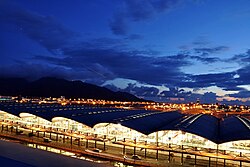 The exterior of Hong Kong International Airport at night