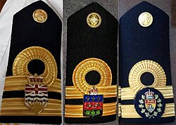 Royal Canadian Navy shoulder boards worn by honorary aides-de-camp to the lieutenant-governors of British Columbia (left) Quebec (centre), and New Brunswick (right)