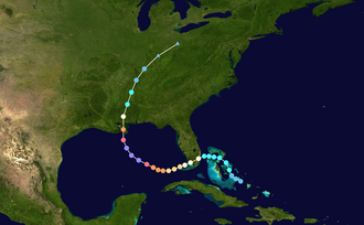 Map plotting the storm's track and intensity, according to the Saffir–Simpson scale