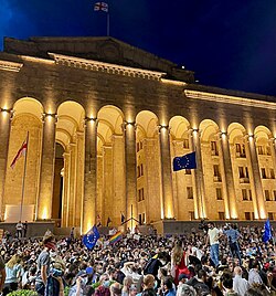 Georgians protesting against homophobia in front of parliament following anti-LGBT unrest