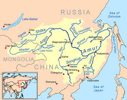 The drainage basin of the Amur River, also showing the island of Sakhalin in the east, apart to the west towards Mongolia, roughly corresponds to the geographical area of the historic land of the Manchu people