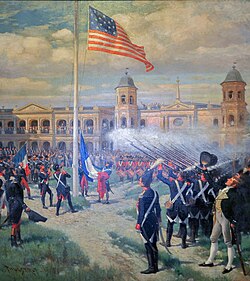 Flag raising in the Place d'Armes (now Jackson Square), New Orleans, after the Louisiana Purchase, marking the transfer of sovereignty over French Louisiana to the United States, December 20, 1803