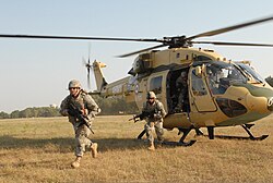 Indian Army Aviation Corps Dhruv helicopter ferrying U.S. soldiers during the Yudh Abhyas training exercise in 2009