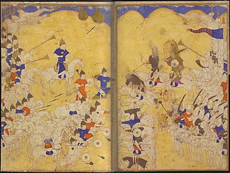 Battle between Timur (left) and Tokhtamysh (right), 1420–1440, possibly Herat. Topkapi H.2153.