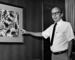 David Sencer points to a depiction of Triatomine sp., which transmits Chagas disease.