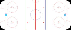 An NHL ice hockey rink. It includes a trapezoid behind the goal line and a blue painted area in front of the goal. The blue lines are also closer together than they are on a traditional rink.
