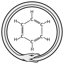 Kekulé's benzene ring in modern form, and the alchemical ouroboros symbol of a snake eating its tail