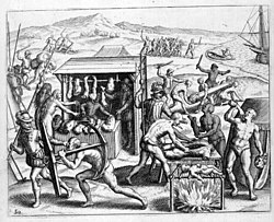 Depiction of Spanish treatment of the indigenous populations in the Caribbean by Theodore de Bry, illustrating Spanish Dominican friar Bartolomé de Las Casas's indictment of early Spanish cruelty, known as the Black legend, and indigenous barbarity, including human cannibalism, in an attempt to justify their enslavement