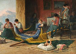 A 1919 painting depicting a family embroidering the Brazilian flag