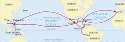Manila-Acapulco galleon trade route, showing onward route to Spain