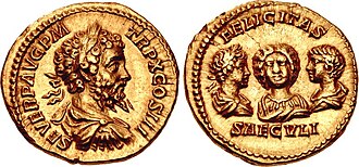 A dynastic aureus of Septimius Severus, minted in 202. The reverse feature the portraits of Geta (right), Julia Domna (centre), and Caracalla (left).[8]