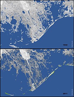 Example of land loss in coastal Louisiana between 1932 and 2011; detail of Port Fourchon area