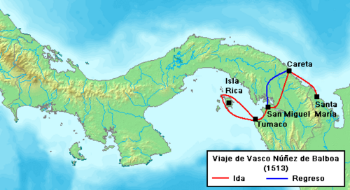 Vasco Núñez de Balboa's travel route to the South Sea, 1513