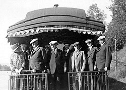 Harding aboard the presidential train in Alaska, July 1923, with Mrs. Harding and secretaries Hoover, Wallace, and Work