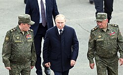 Three of the indicted individuals (left to right): Valery Gerasimov, Vladimir Putin and Sergei Shoigu