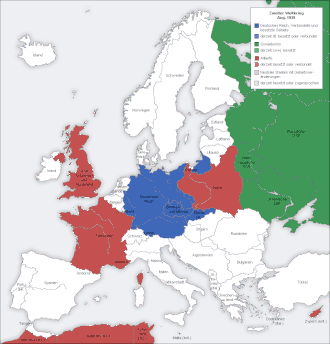 European theatre of World War II animation map, 1939–1945 – Red: Western Allies and the Soviet Union after 1941; Green: Soviet Union before 1941; Blue: Axis powers