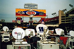 The Super Bowl XXXV broadcasting compound, full of satellite trucks