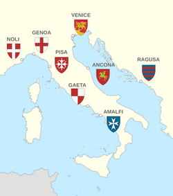 The maritime republics of medieval Italy reestablished contacts between Europe, Asia and Africa with extensive trade networks and colonies across the Mediterranean, and had an essential role in the Crusades.[97][98]