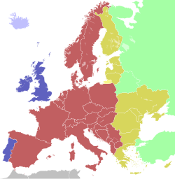 Central European Time zone (dark red)