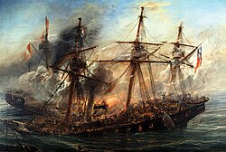 The Battle of Iquique on 21 May 1879. The victory of Chile in the War of the Pacific allowed its expansion into new territories.