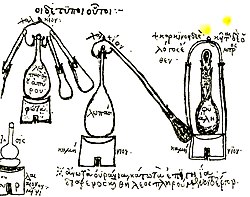 Distillation equipment used by the 3rd-century alchemist Zosimos of Panopolis[13][14] (as imagined by the anonymous illustrator of the 15th-century Byzantine Greek manuscript Codex Parisinus graecus 2327).[15]