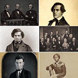 Some 19th-century American abolitionists: Wendell Phillips and William Lloyd Garrison (with British abolitionist George Thompson), William Wells Brown, Frederick Douglass, 1851 meeting of the Pennsylvania Abolition Society (including Oliver Johnson, Mary Grew, Robert Purvis, and Lucretia Mott), John Brown, and Harriet Tubman