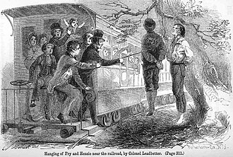 Passers-by abused the bodies of Union supporters near Knoxville, Tennessee. The two were hanged by Confederate authorities near the railroad tracks so passing train passengers could see them.