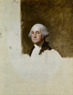The unfinished 1796 Gilbert Stuart portrait of George Washington, one of two portraits at the center of the controversy.