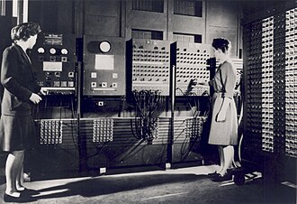 The ENIAC main control panel at the Moore School of Electrical Engineering operated by Betty Jennings and Frances Bilas