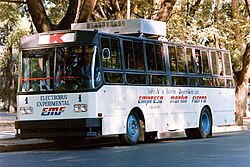 EMF battery bus No. 1, an experimental vehicle, in 1982. This bus was converted into a trolleybus, No. 24, in 1983.[11]